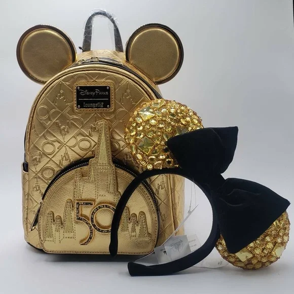 Walt Disney World 50th Anniversary Genuine Leather 24k Gold Loungefly Backpack 24K Disney World 50th Anniversary Loungefly Backpack Gold  main image 4